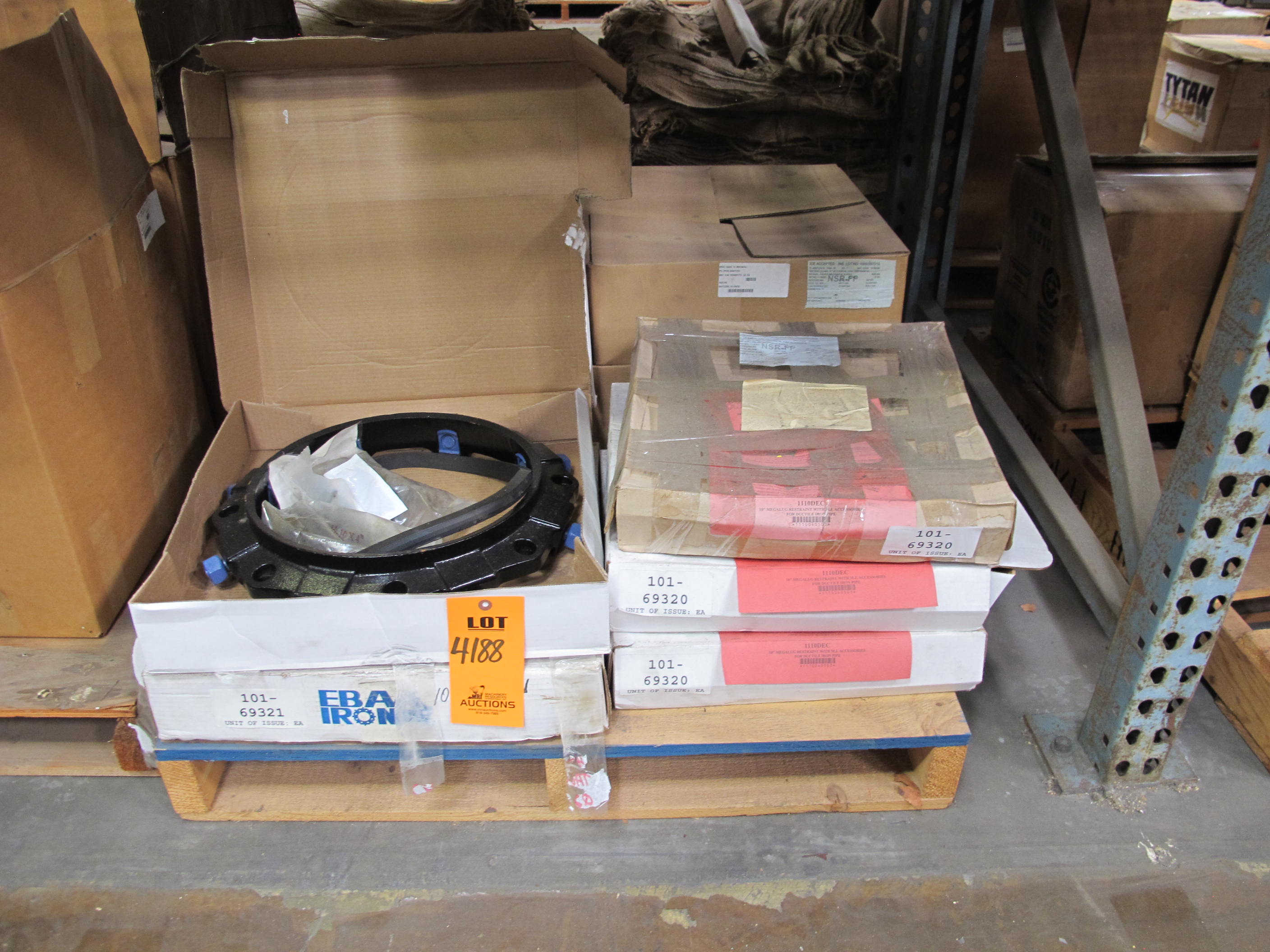 LOT TO INCLUDE: (2) GLAND, 12" MECHANICAL JOINT RESTRAINT KIT KIND, DUCTILE IRON MATERIAL, (5) GLANDS, 10" MECHANICAL JOINT RESTRAINT KIT KIND, DUCTILE IRON MATERIAL. LOADING & HANDLING FEE $15-4188